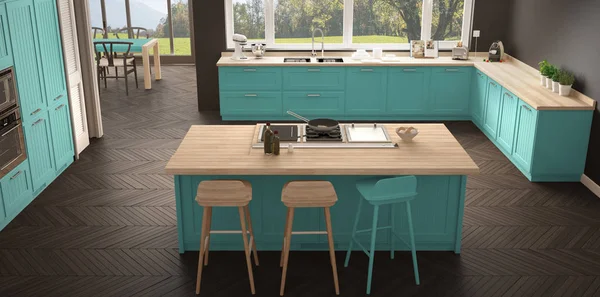 Modern İskandinavya mutfak ile büyük pencereler, panorama klasik gr