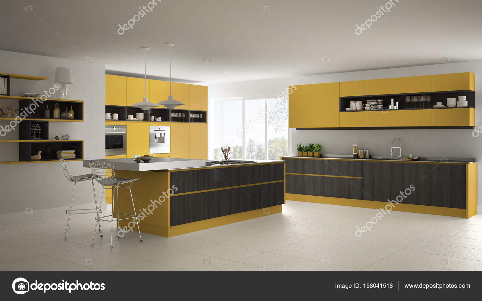 Moderna Cozinha Branca Com Detalhes Em Madeira E Amarelos Moderna Cozinha Branca Com Detalhes Em Madeira E Amarelos