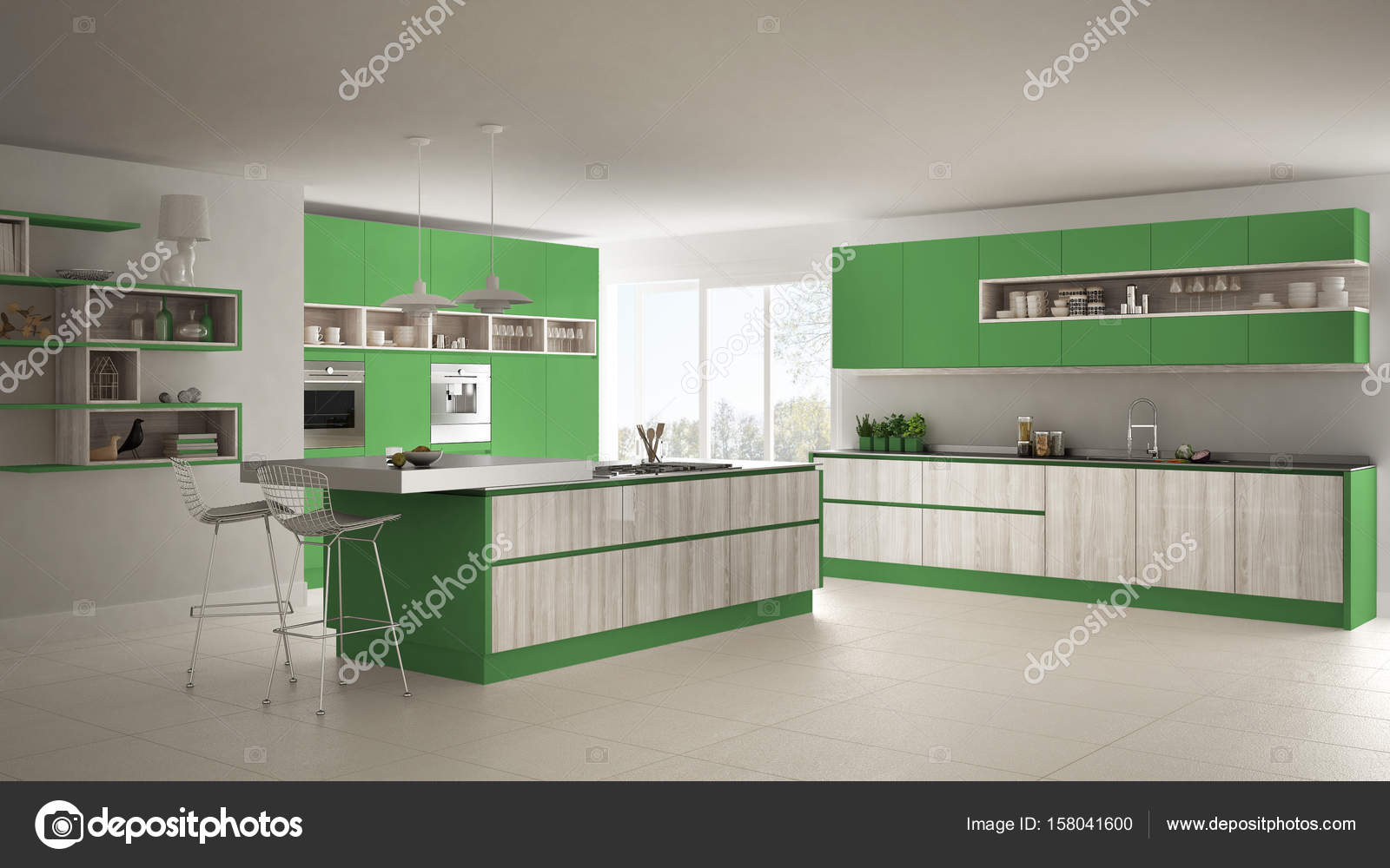 Moderna Cozinha Branca Com Detalhes Em Madeira E Verdes Moderna Cozinha Branca Com Detalhes Em Madeira E Verdes