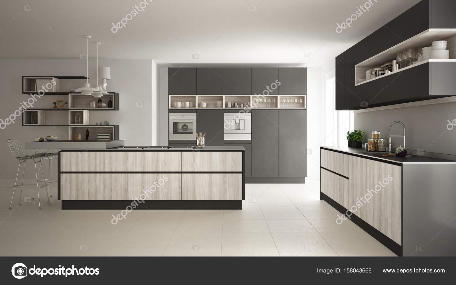 Moderna Cozinha Branca Com Detalhes Em Madeira E Cinza Minimalistas Moderna Cozinha Branca Com Detalhes Em Madeira E Cinza Minimalistas