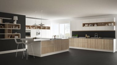 Ahşap ve beyaz ayrıntıları, minimalist modern beyaz mutfak