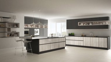 Ahşap ve gri detaylarla modern beyaz mutfak, minimalist 