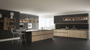 Ahşap ve gri detaylarla modern beyaz mutfak, minimalist 