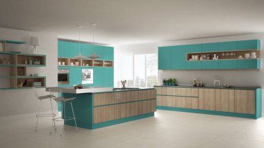 Modern beyaz mutfak ahşap ve turkuaz ayrıntılarla, minimali