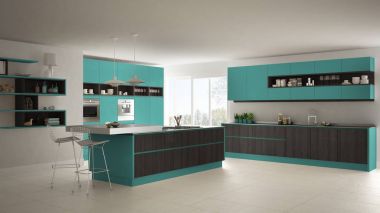 Modern beyaz mutfak ahşap ve turkuaz ayrıntılarla, minimali