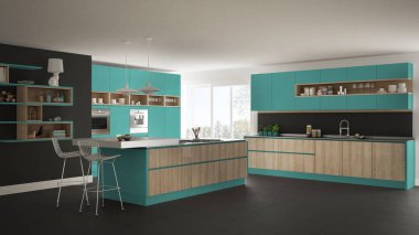 Modern beyaz mutfak ahşap ve turkuaz ayrıntılarla, minimali