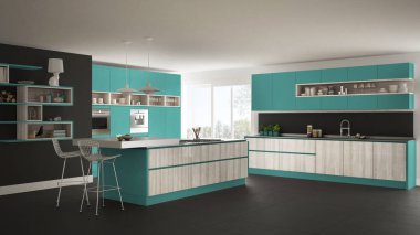 Modern beyaz mutfak ahşap ve turkuaz ayrıntılarla, minimali
