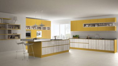 Modern beyaz mutfak ahşap ve sarı ayrıntılarla, minimalisti