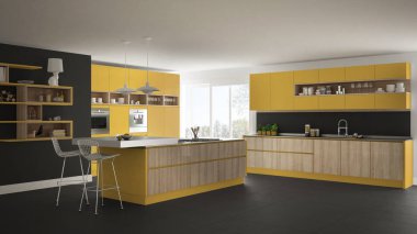 Modern beyaz mutfak ahşap ve sarı ayrıntılarla, minimalisti