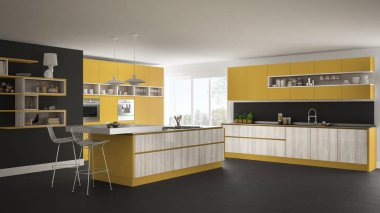 Modern beyaz mutfak ahşap ve sarı ayrıntılarla, minimalisti
