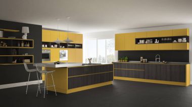 Modern beyaz mutfak ahşap ve sarı ayrıntılarla, minimalisti