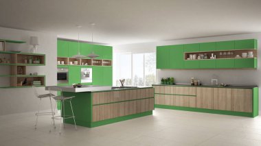 Ağaç ve yeşil Ayrıntılar, minimalist modern beyaz mutfak