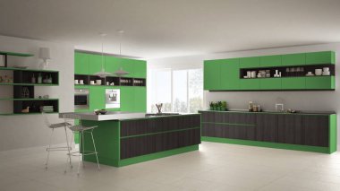 Ağaç ve yeşil Ayrıntılar, minimalist modern beyaz mutfak