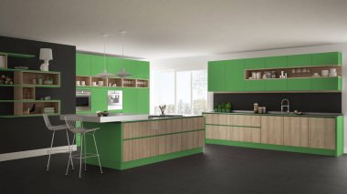 Ağaç ve yeşil Ayrıntılar, minimalist modern beyaz mutfak