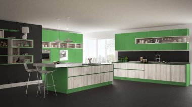 Ağaç ve yeşil Ayrıntılar, minimalist modern beyaz mutfak