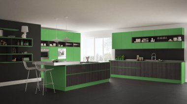 Ağaç ve yeşil Ayrıntılar, minimalist modern beyaz mutfak