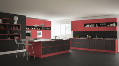 Ahşap ve kırmızı detaylar, minimalist modern beyaz mutfak ben