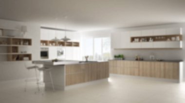 Arka plan iç tasarım, modern beyaz İskandinavya kitche bulanıklık