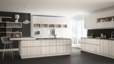 Ahşap ve beyaz ayrıntıları, minimalist modern beyaz mutfak