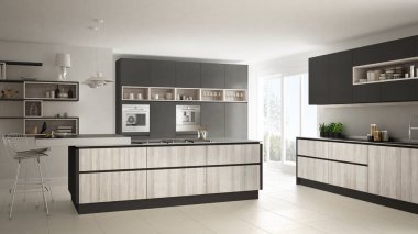 Ahşap ve gri detaylarla modern beyaz mutfak, minimalist 