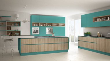 Modern beyaz mutfak ahşap ve turkuaz ayrıntılarla, minimali