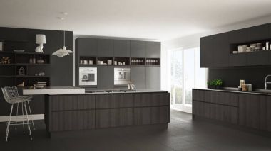 Ahşap ve gri detaylarla modern beyaz mutfak, minimalist 
