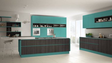 Modern beyaz mutfak ahşap ve turkuaz ayrıntılarla, minimali