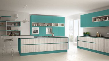 Modern beyaz mutfak ahşap ve turkuaz ayrıntılarla, minimali