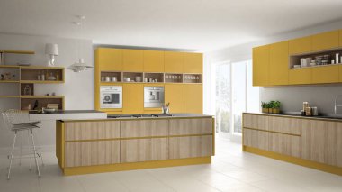 Modern beyaz mutfak ahşap ve sarı ayrıntılarla, minimalisti