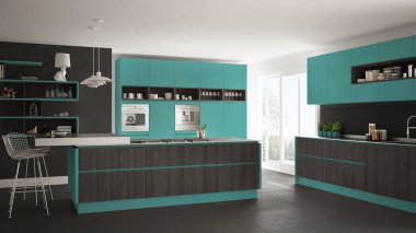 Modern beyaz mutfak ahşap ve turkuaz ayrıntılarla, minimali