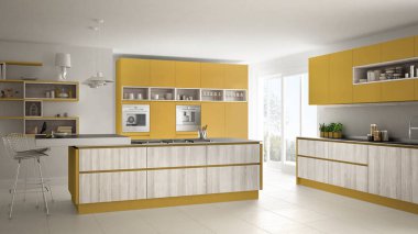 Modern beyaz mutfak ahşap ve sarı ayrıntılarla, minimalisti