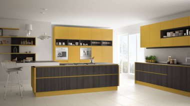 Modern beyaz mutfak ahşap ve sarı ayrıntılarla, minimalisti