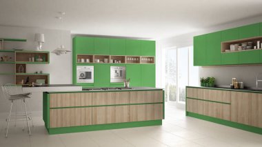 Ağaç ve yeşil Ayrıntılar, minimalist modern beyaz mutfak