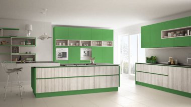 Ağaç ve yeşil Ayrıntılar, minimalist modern beyaz mutfak