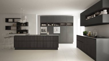 Ahşap ve gri detaylarla modern beyaz mutfak, minimalist 