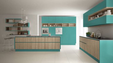 Modern beyaz mutfak ahşap ve turkuaz ayrıntılarla, minimali