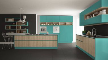 Modern beyaz mutfak ahşap ve turkuaz ayrıntılarla, minimali
