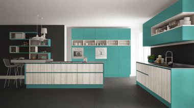 Modern beyaz mutfak ahşap ve turkuaz ayrıntılarla, minimali