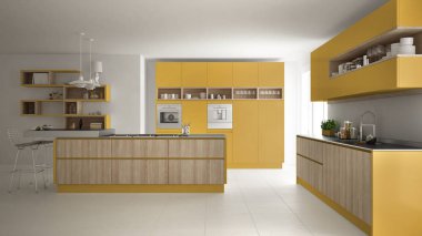 Modern beyaz mutfak ahşap ve sarı ayrıntılarla, minimalisti