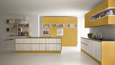 Modern beyaz mutfak ahşap ve sarı ayrıntılarla, minimalisti