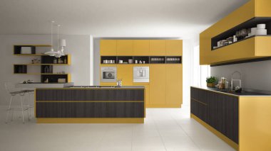 Modern beyaz mutfak ahşap ve sarı ayrıntılarla, minimalisti