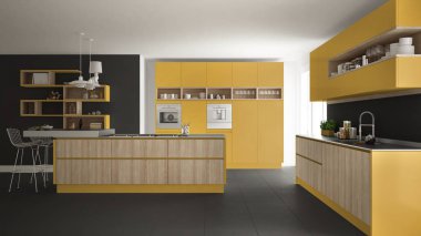 Modern beyaz mutfak ahşap ve sarı ayrıntılarla, minimalisti