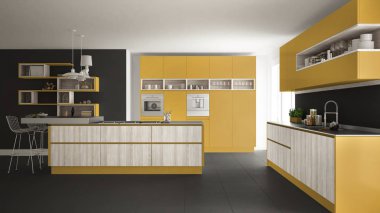 Modern beyaz mutfak ahşap ve sarı ayrıntılarla, minimalisti