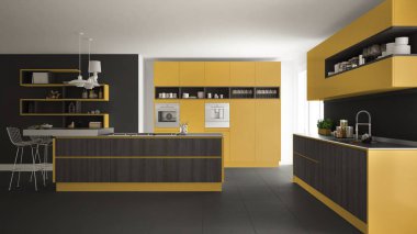 Modern beyaz mutfak ahşap ve sarı ayrıntılarla, minimalisti