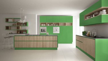 Ağaç ve yeşil Ayrıntılar, minimalist modern beyaz mutfak