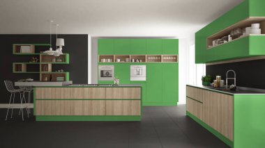 Ağaç ve yeşil Ayrıntılar, minimalist modern beyaz mutfak