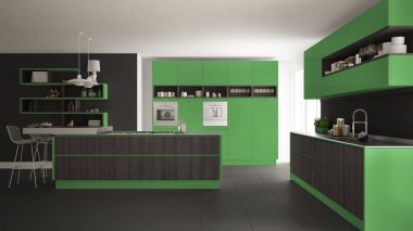 Ağaç ve yeşil Ayrıntılar, minimalist modern beyaz mutfak