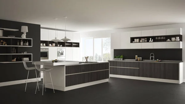 Moderna cocina blanca con detalles en madera y blanco, minimalista — Foto de Stock