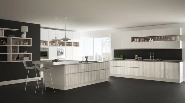 Dapur putih modern dengan detail kayu dan putih, minimalis — Stok Foto