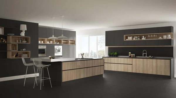 Cozinha branca moderna com detalhes de madeira e cinza, minimalista — Fotografia de Stock